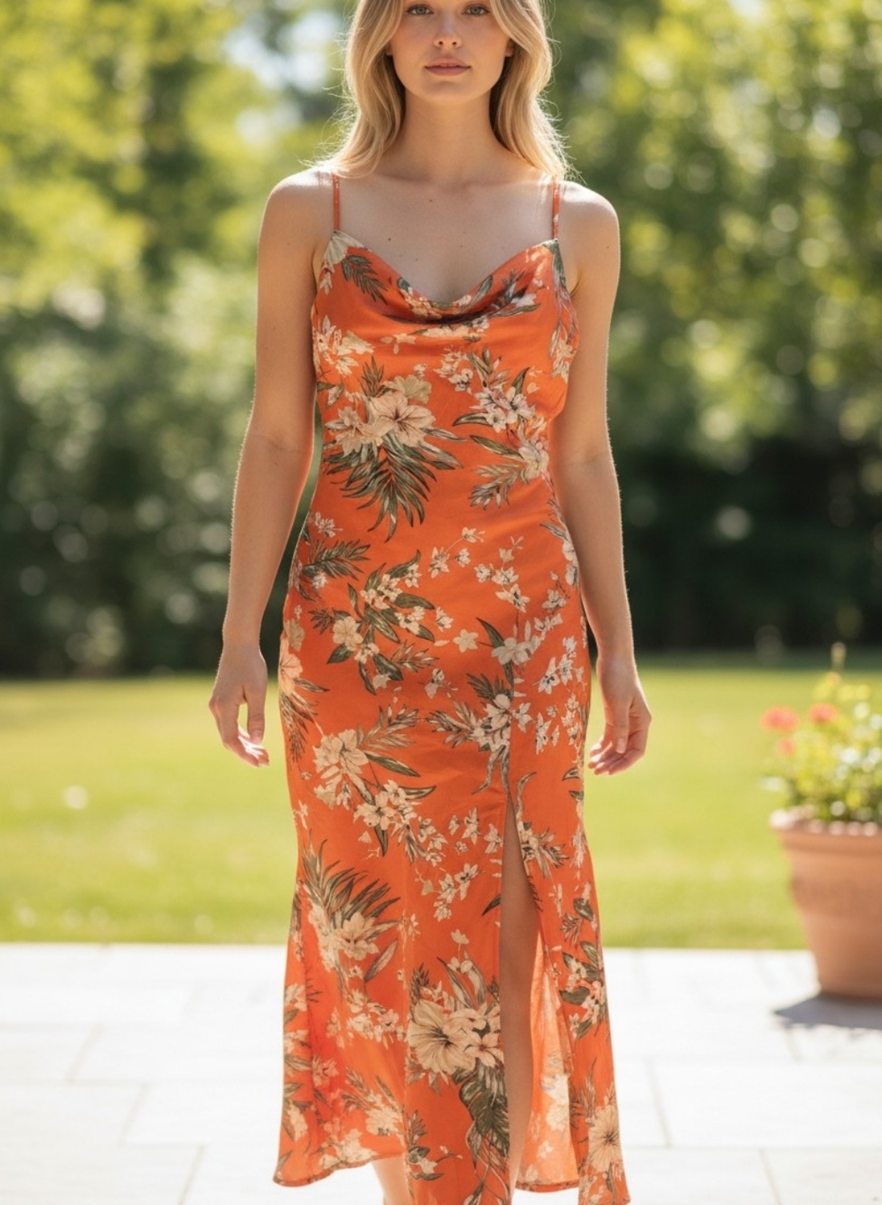 Orange Tropical Floral Slip Midi Dress - Lightweight Summer Dress - Picture 3 of 9